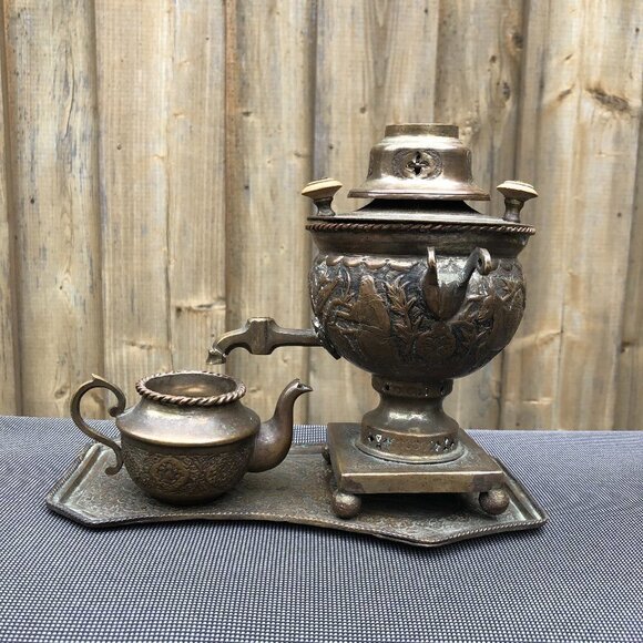 Vintage 50s Brass-Copper Tea Pot Set - Picture 2 of 12